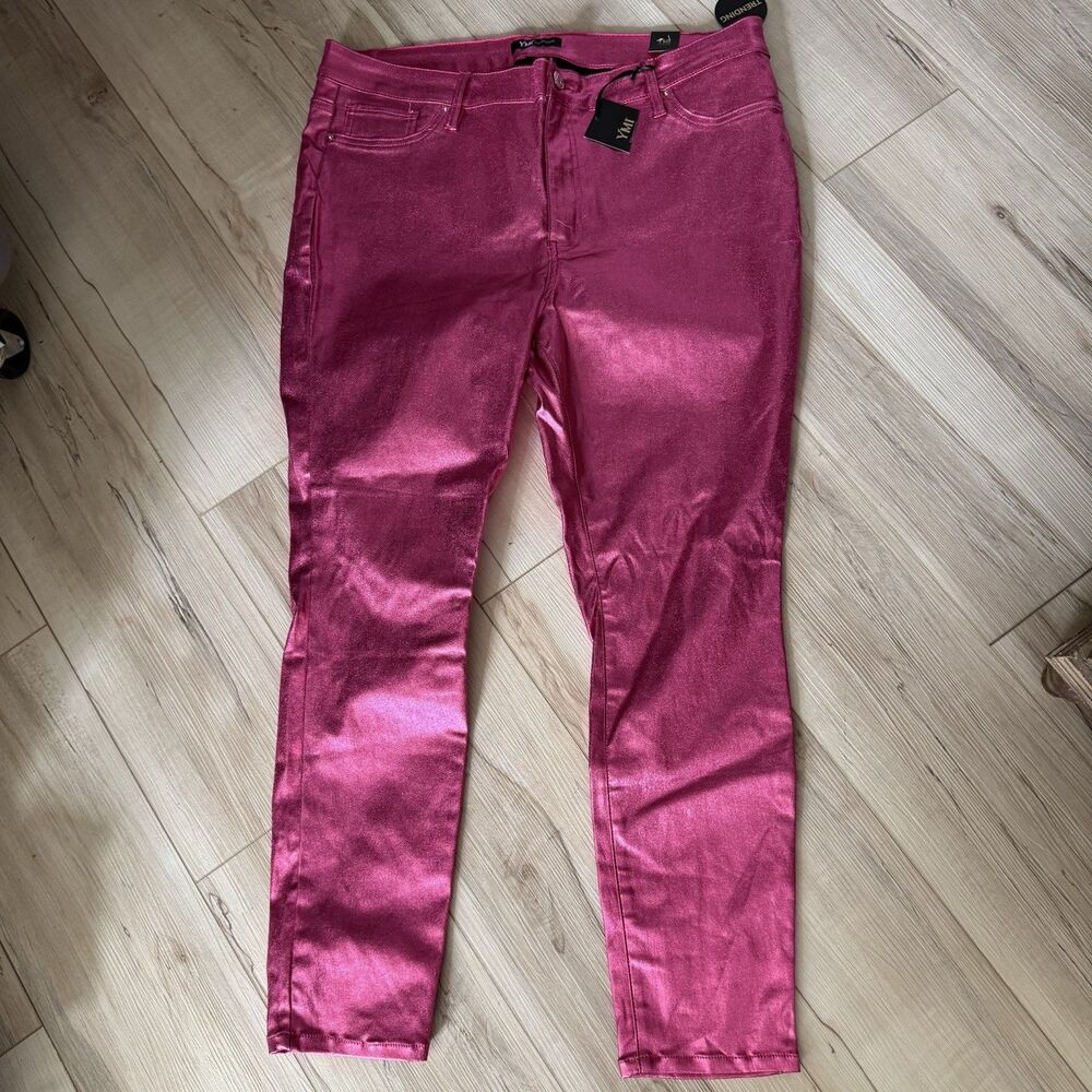 NWT YMI Jeans Womens Plus 3X Pink Metallic Skinny Coated Stretch Pants Party